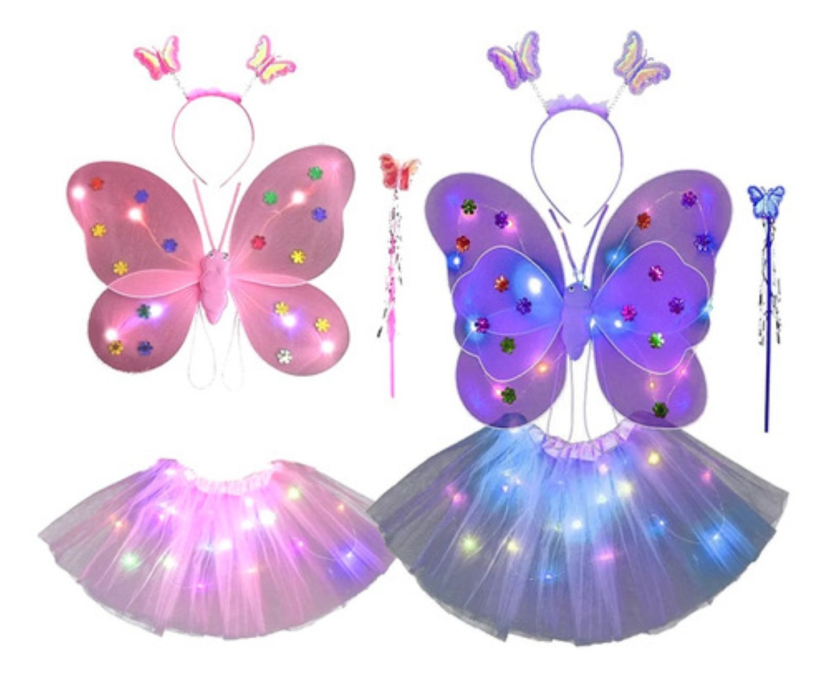2 Pzs Alas De Mariposa Para Niña Vestido Corto De Ballet Led Multicolor