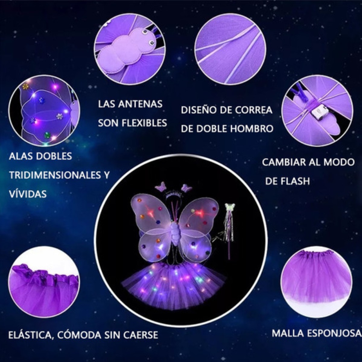 2 Pzs Alas De Mariposa Para Niña Vestido Corto De Ballet Led Multicolor
