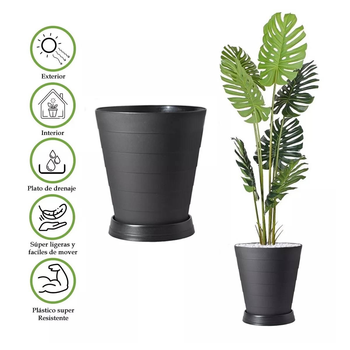 2 Macetas Grande Moderna Minimalista Interior Exterior Plato Negro