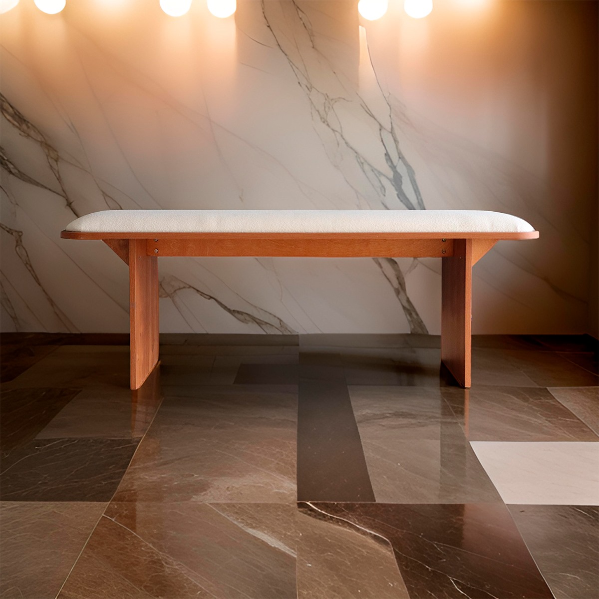 Banca de madera tapizada, Píe de cama, Banca de comedor (Bouclé Blanco) 