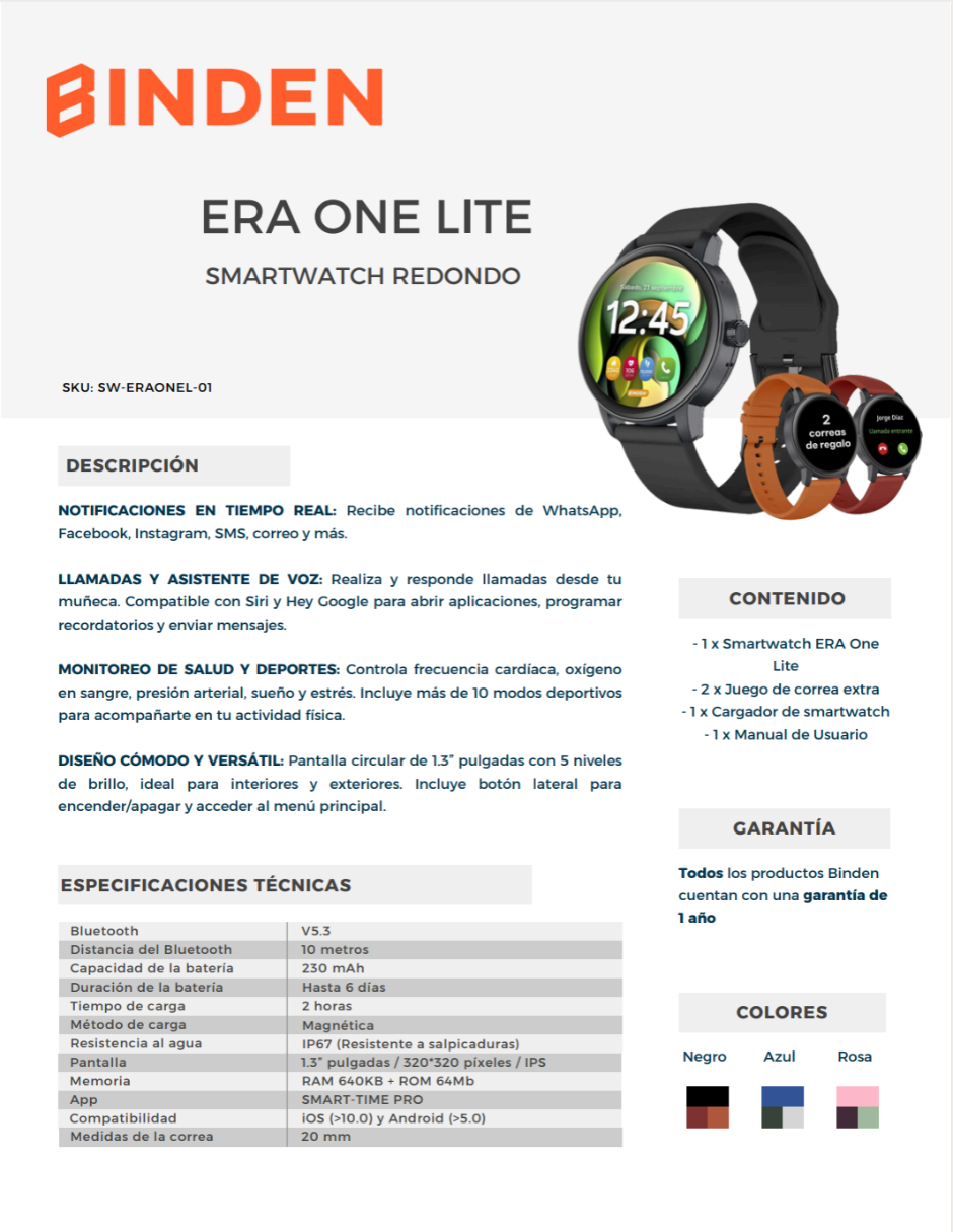 Reloj Smartwatch ERA One Lite BINDEN Realiza Y Contesta Llamadas Negro