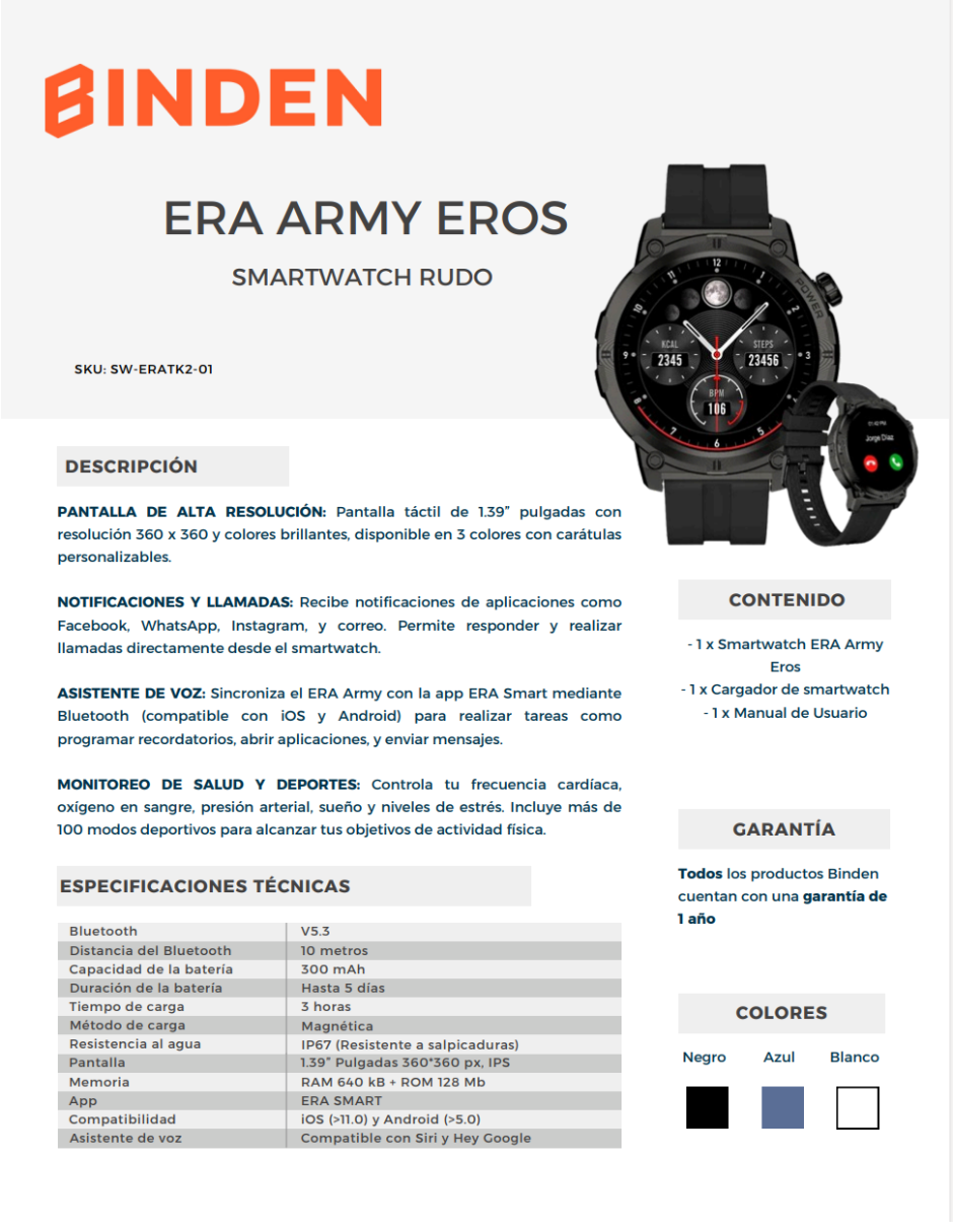 Reloj Smartwatch ERA ARMY Eros BINDEN Con asistente de voz Negro