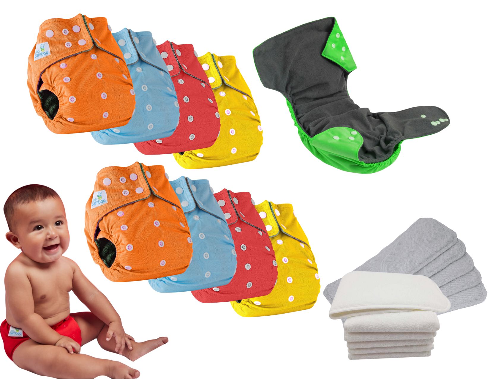 10 PAÑALES ECOLÓGICOS INTERIOR BAMBÚ + 12 INSERTOS MICROFIBRA DE CUATRO CAPAS NIÑO.