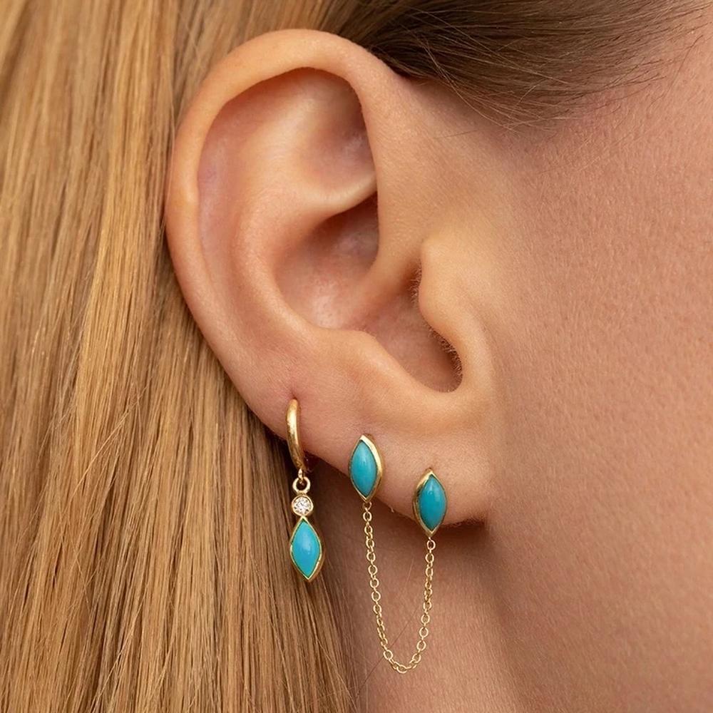 Arete De Plata 925 Cadena Azul y Zirconias Color Turquesa