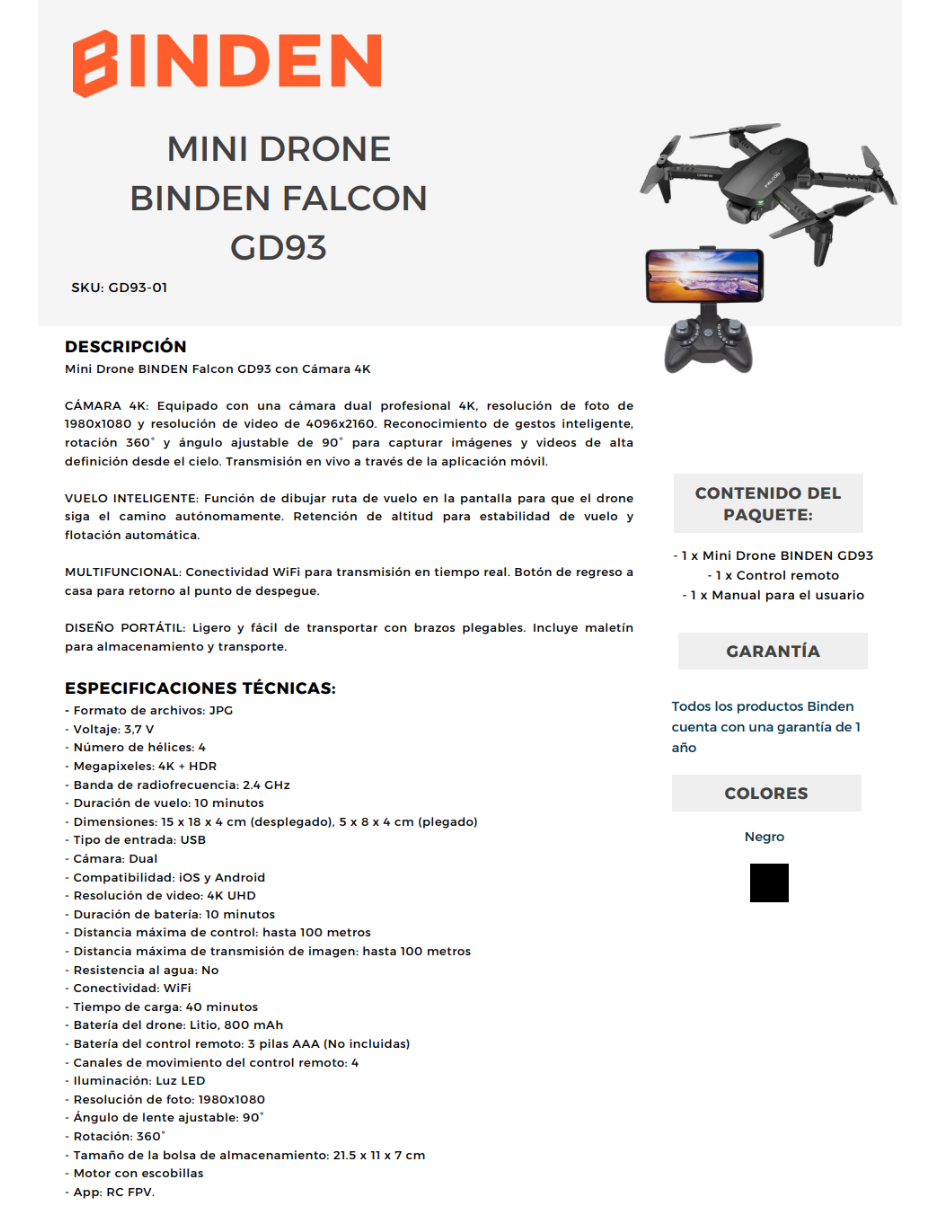 Mini Drone Falcon GD93 BINDEN Cámara 4K WiFi 10 min.