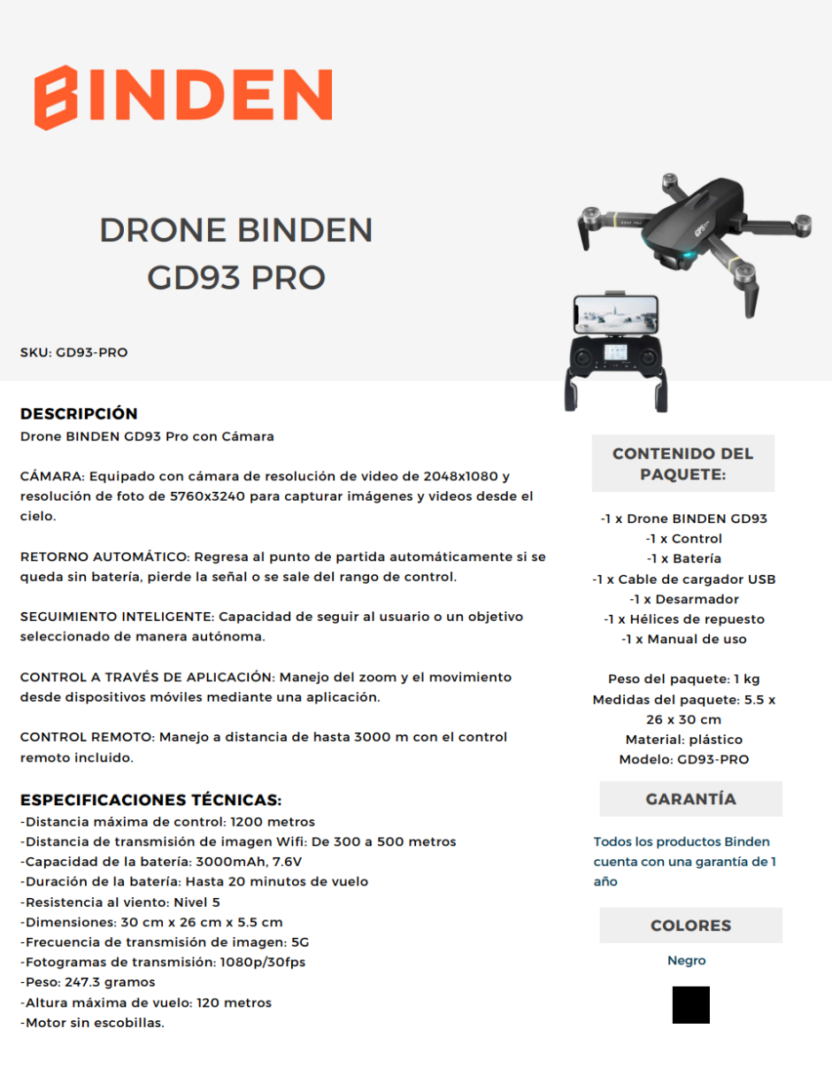 Drone GD93 PRO BINDEN con Cámara WiFi 20 min. de vuelo