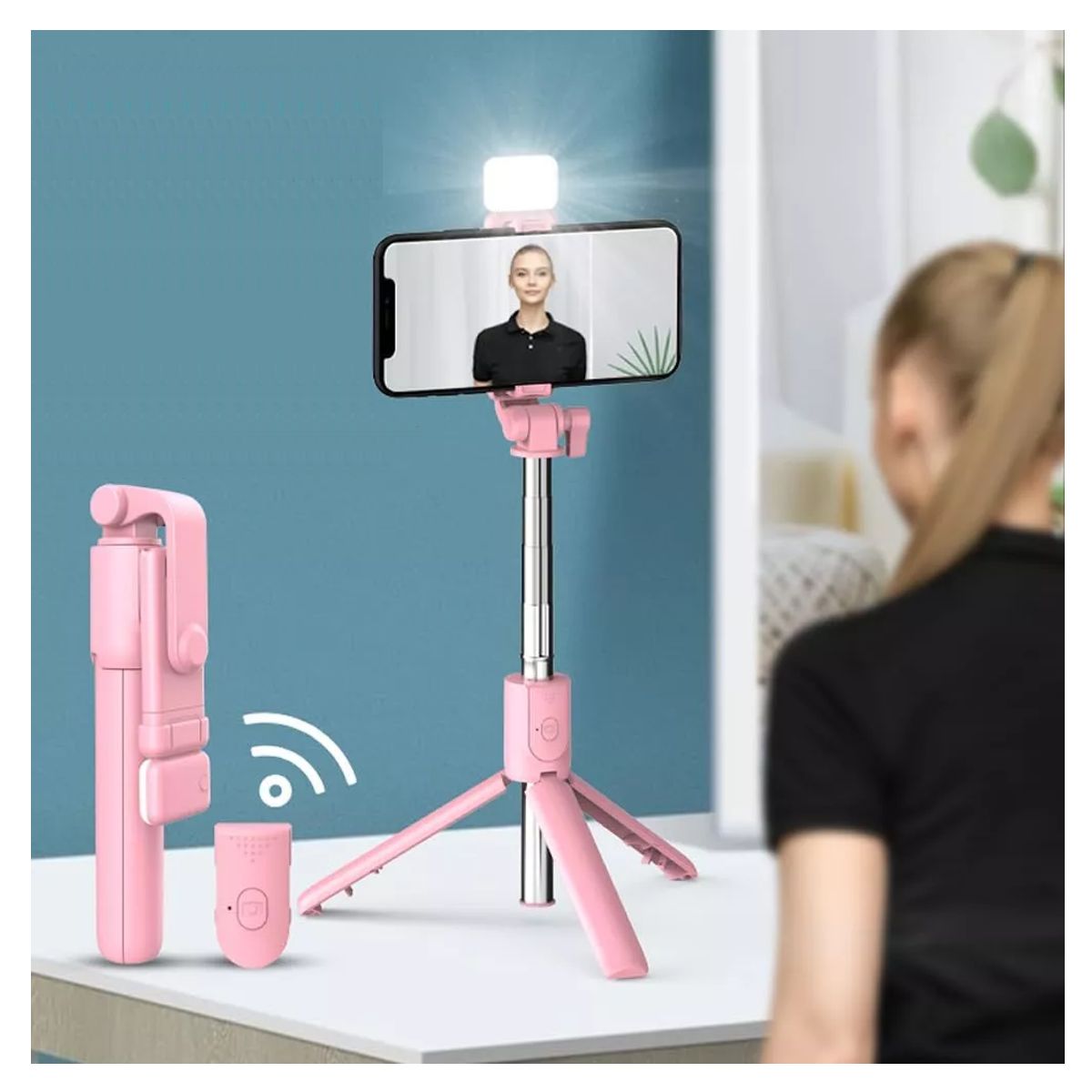 Baston Selfie Stick Control Bluetooth Con Luz Tipo Flash Recargable Color Rosa
