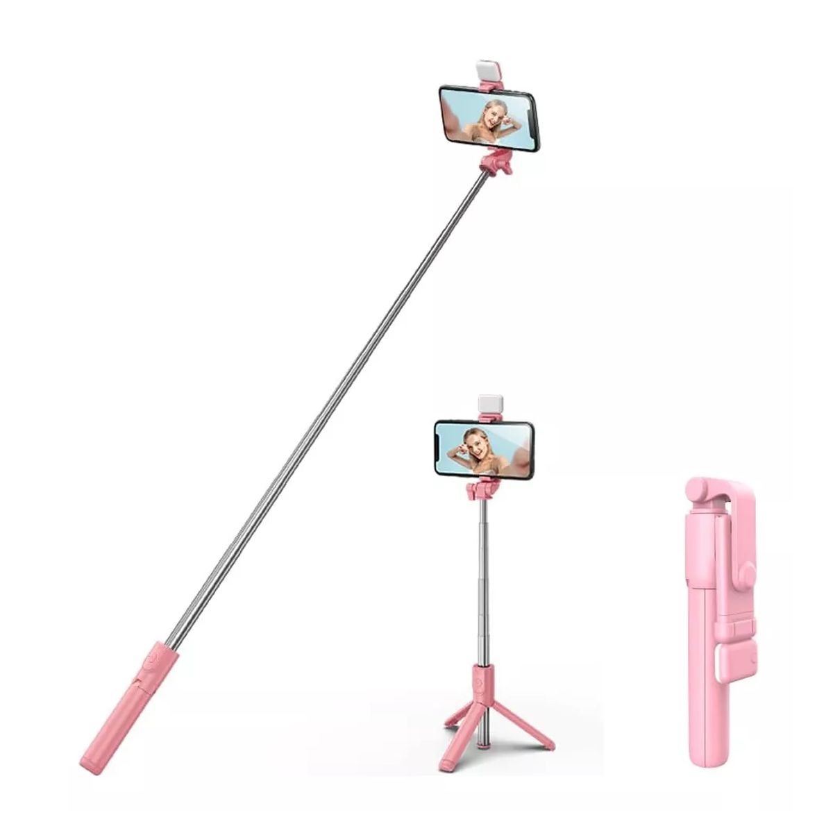 Baston Selfie Stick Control Bluetooth Con Luz Tipo Flash Recargable Color Rosa
