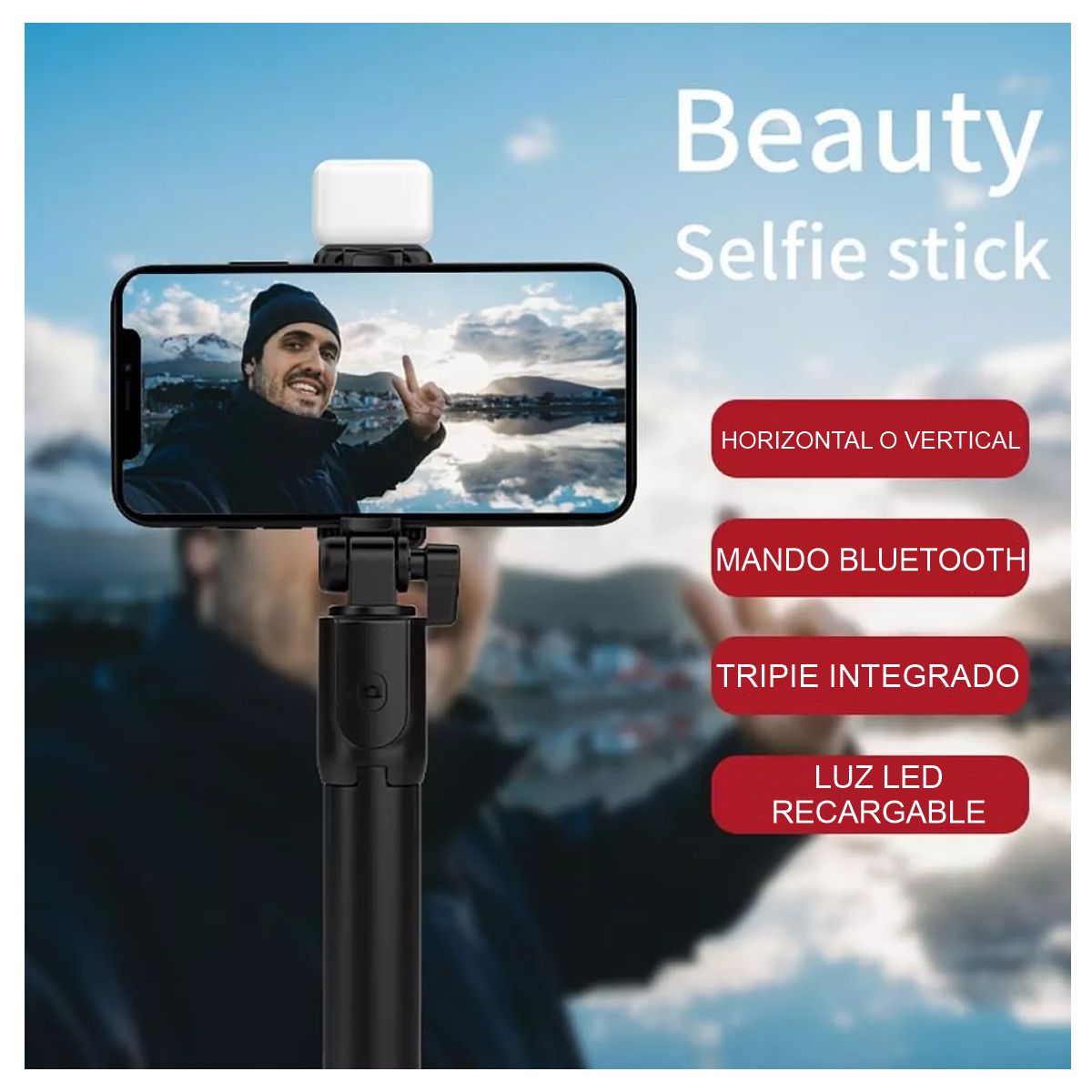 Baston Selfie Stick Control Bluetooth Con Luz Tipo Flash Recargable Color Rosa