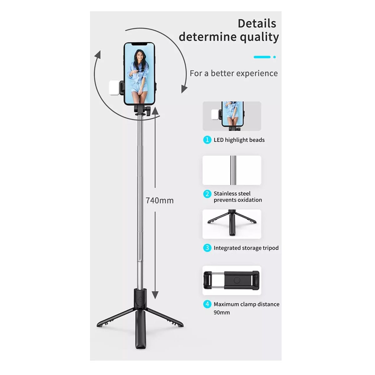 Baston Selfie Stick Control Bluetooth Con Luz Tipo Flash Recargable Color Rosa