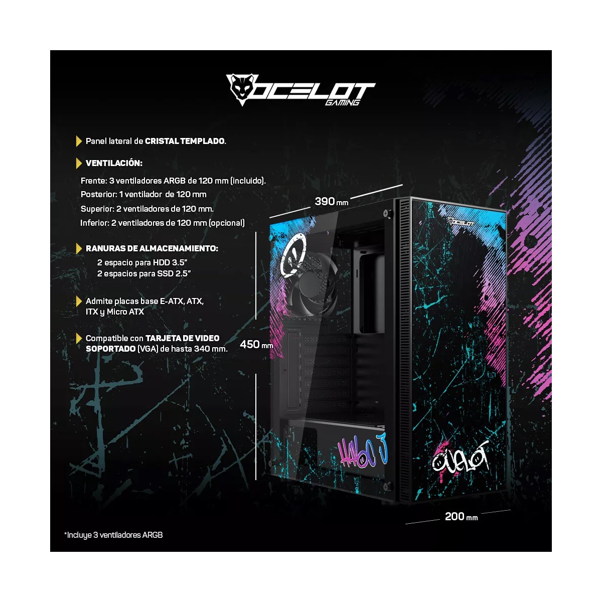 Gabinete Gamer Soporta Ventiladores GPU 340 mm Cristal Negro Grafiti Street Urbano OC-HAVOC 3