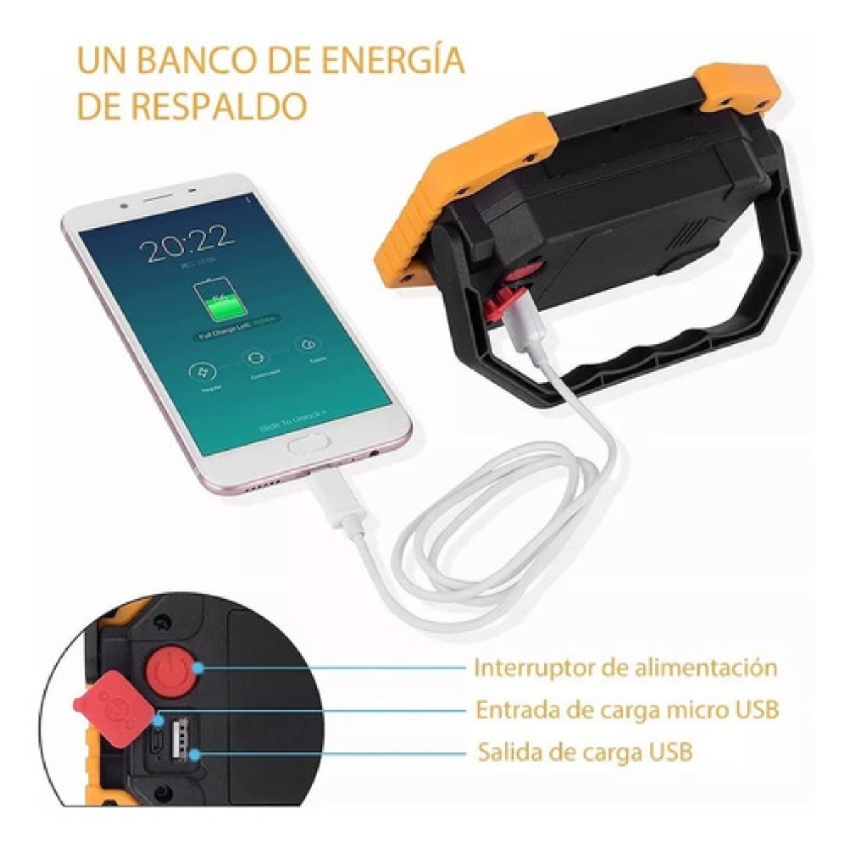 Lámpara Recargable De Trabajo Tipo Led De Mano P/campamento NEGRO NARANJA 