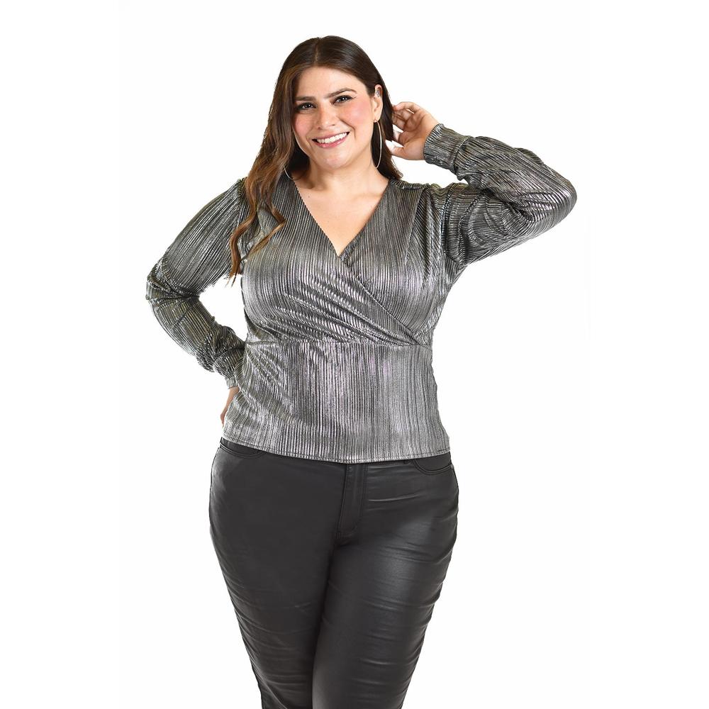 Blusa textura metalica Roman Fashion /Tallas Extras, 1883 (Plateado)