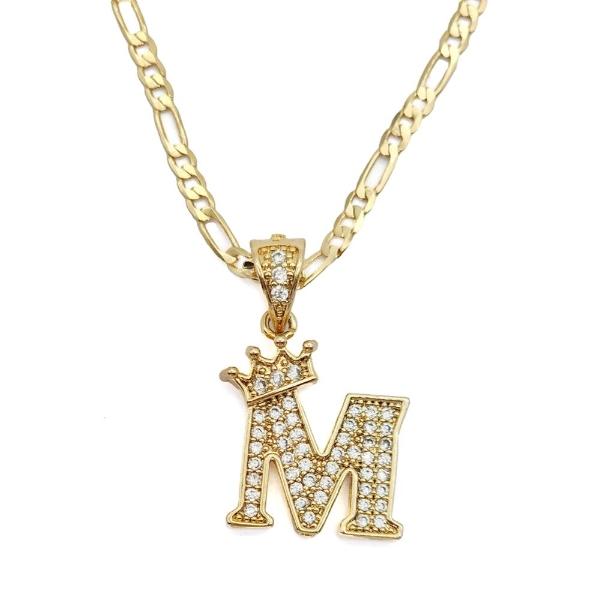Cadena y dije de brillos con corona de oro laminado letra "M"