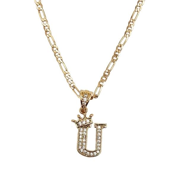 Cadena y dije de brillos con corona de oro laminado letra "U"