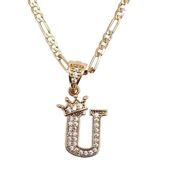 Cadena y dije de brillos con corona de oro laminado letra "U"