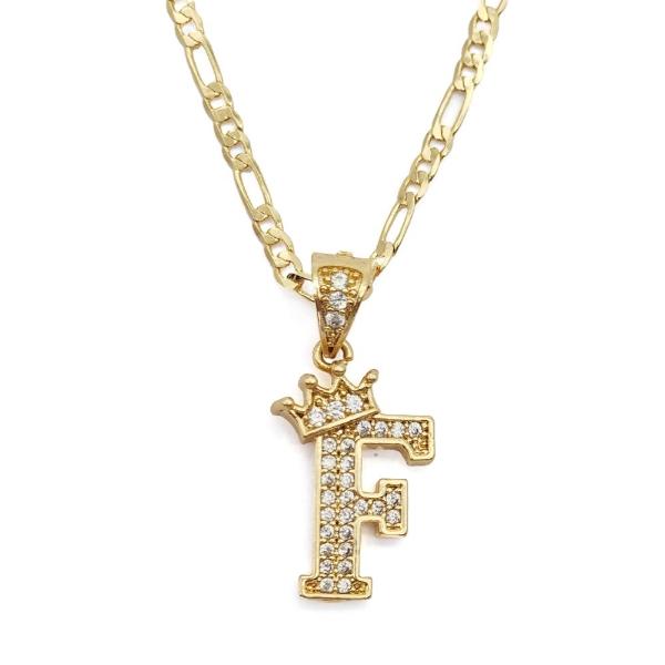 Cadena y dije de brillos con corona de oro laminado letra "F"