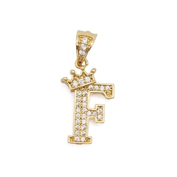Cadena y dije de brillos con corona de oro laminado letra "F"