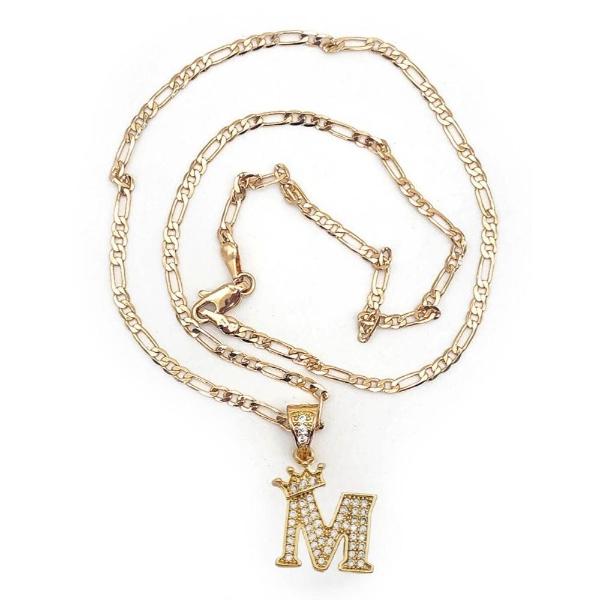 Cadena y dije de brillos con corona de oro laminado letra "M"