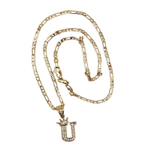Cadena y dije de brillos con corona de oro laminado letra "U"