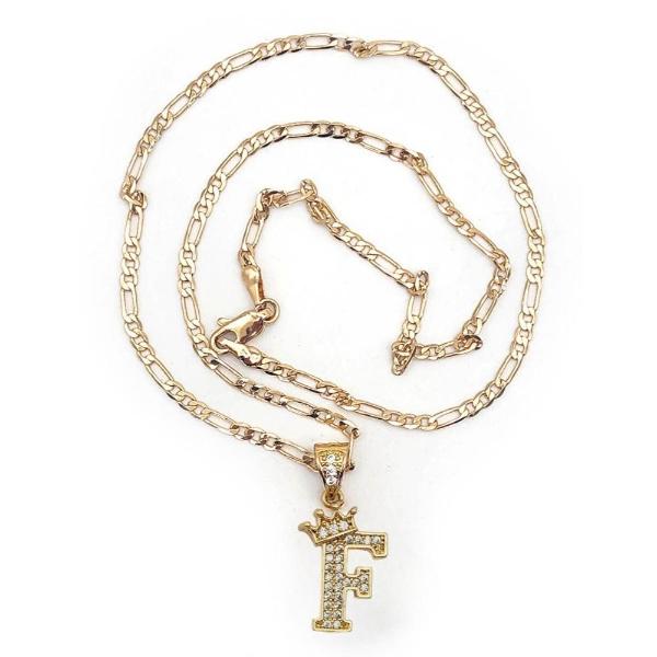 Cadena y dije de brillos con corona de oro laminado letra "F"
