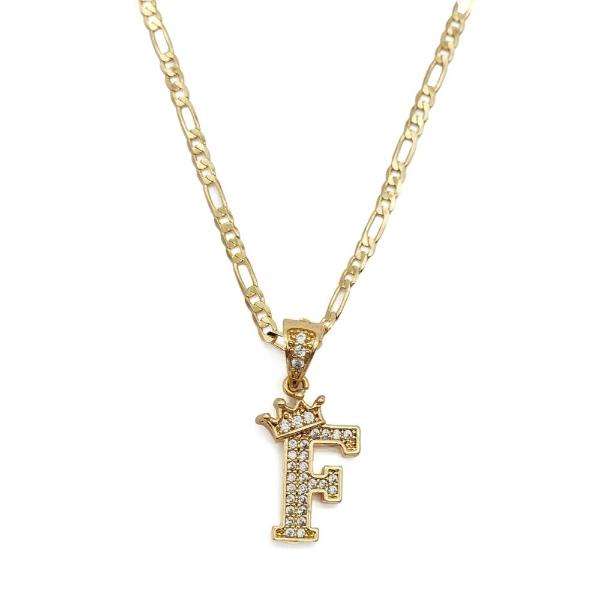 Cadena y dije de brillos con corona de oro laminado letra "F"
