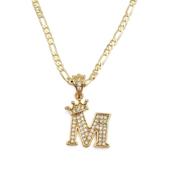 Cadena y dije de brillos con corona de oro laminado letra "M"