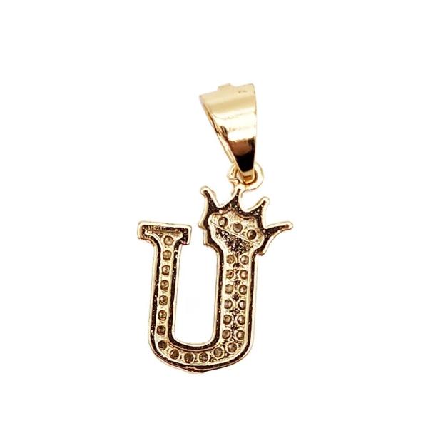 Cadena y dije de brillos con corona de oro laminado letra "U"