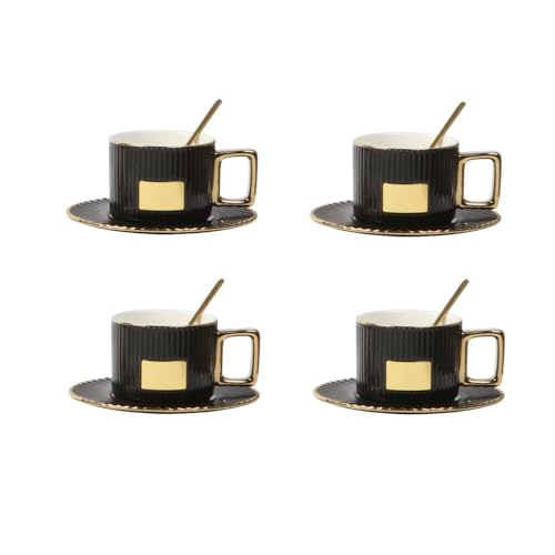 Set de 4 pzas Taza Caminia. Taza de cerámica  de 260 ml con detalles dorados en asa y placa metálica. Color Negra