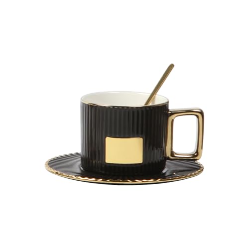 Set de 4 pzas Taza Caminia. Taza de cerámica  de 260 ml con detalles dorados en asa y placa metálica. Color Negra
