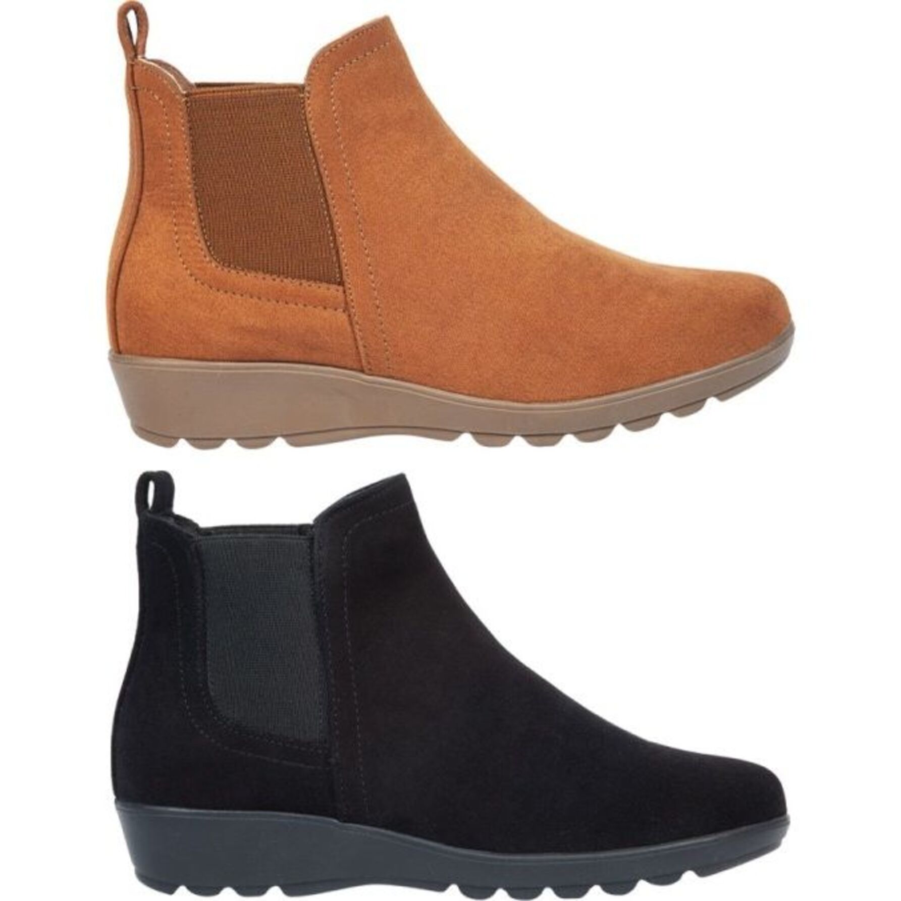 Kit de 2 pares de botas para mujer, tipo botín confort, con resorte, acabado ante, marca Vi Line, colores negro y café, mod. 1182068