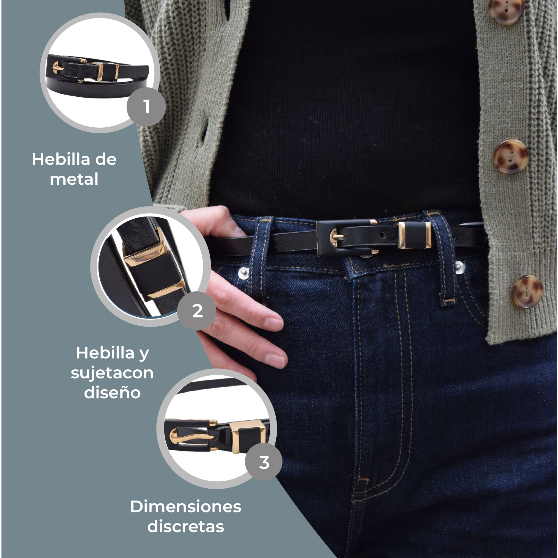 Cinturón Delgado Negro Hebilla Negro Con Detalles Dorados 