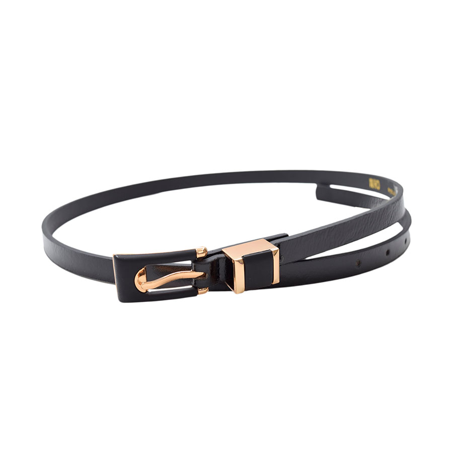 Cinturón Delgado Negro Hebilla Negro Con Detalles Dorados 