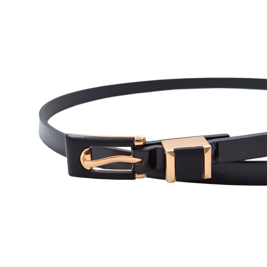 Cinturón Delgado Negro Hebilla Negro Con Detalles Dorados 