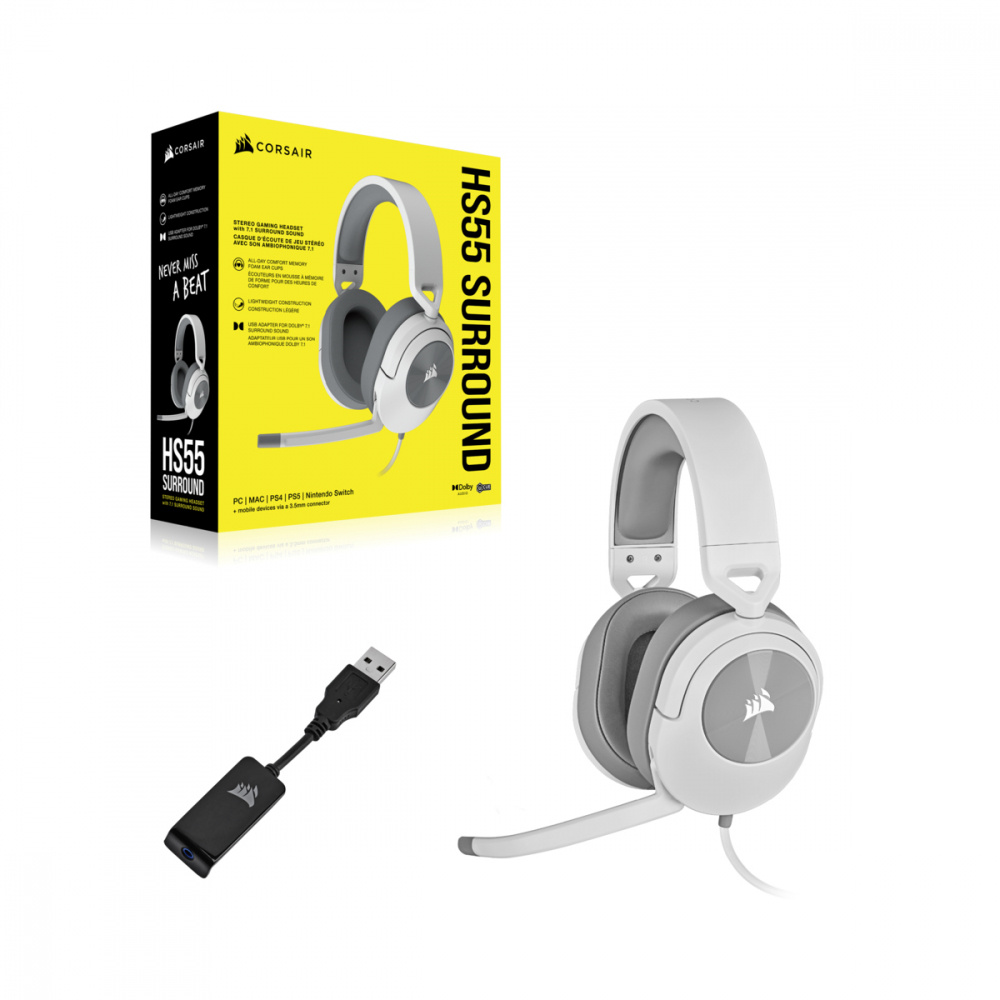 Corsair Audífonos Gamer HS55 SURROUND 7.1, Alámbrico, 1.8 Metros, 3.5mm/USB, Blanco. 