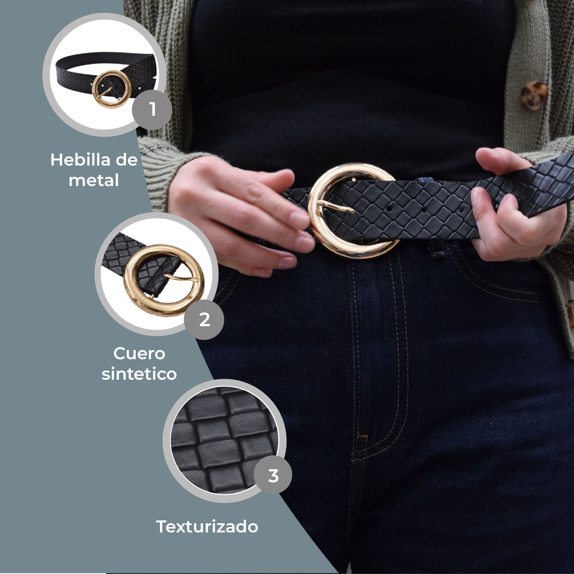 Cinturón Negro Texturizado Hebilla Circular Dorada   