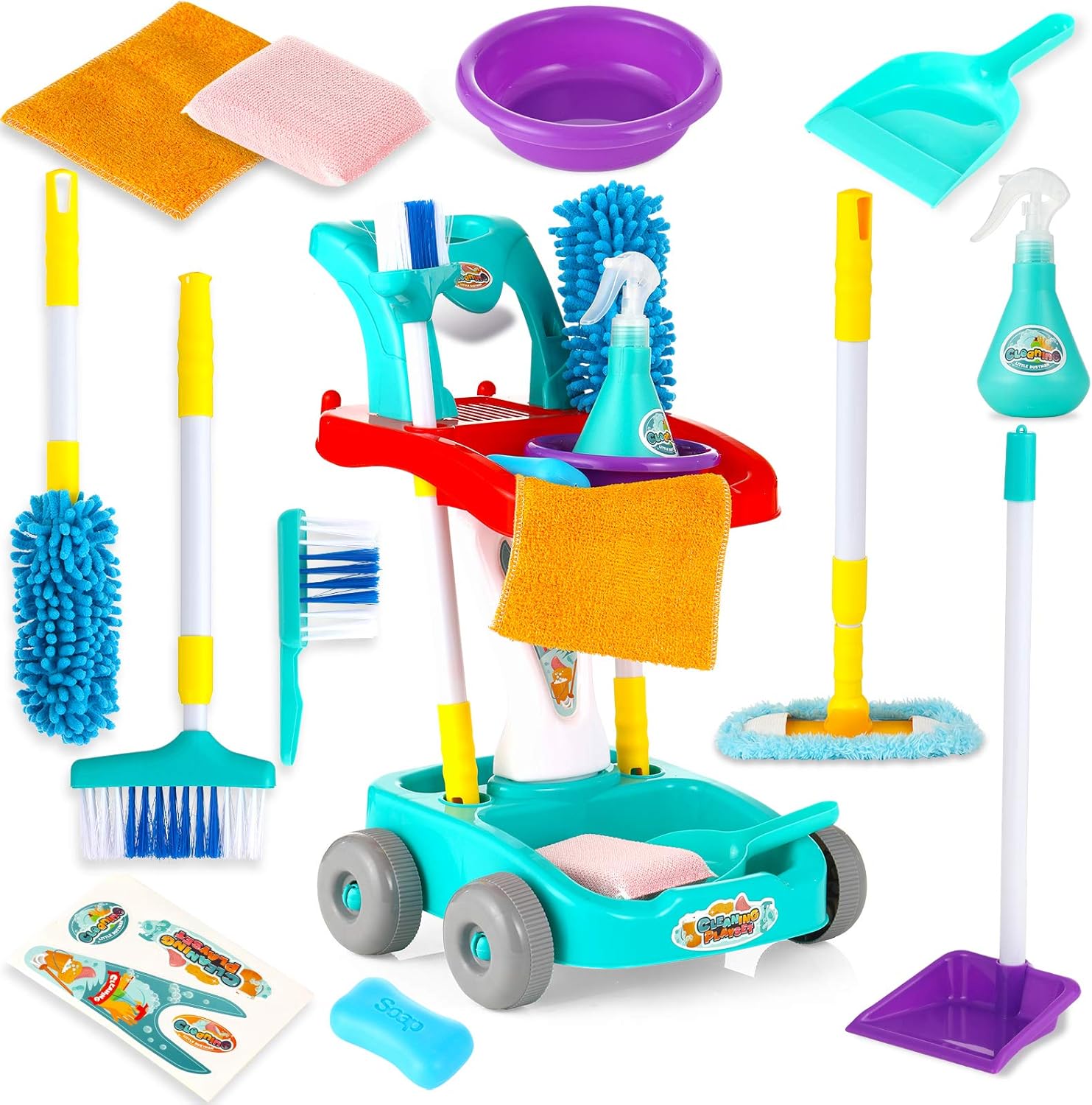 Juego de limpieza para niños pequeños, kit de suministros de limpieza para niños y niñas, completo con escoba, trapeador, bandeja para polvo, botella de spray y más 789989