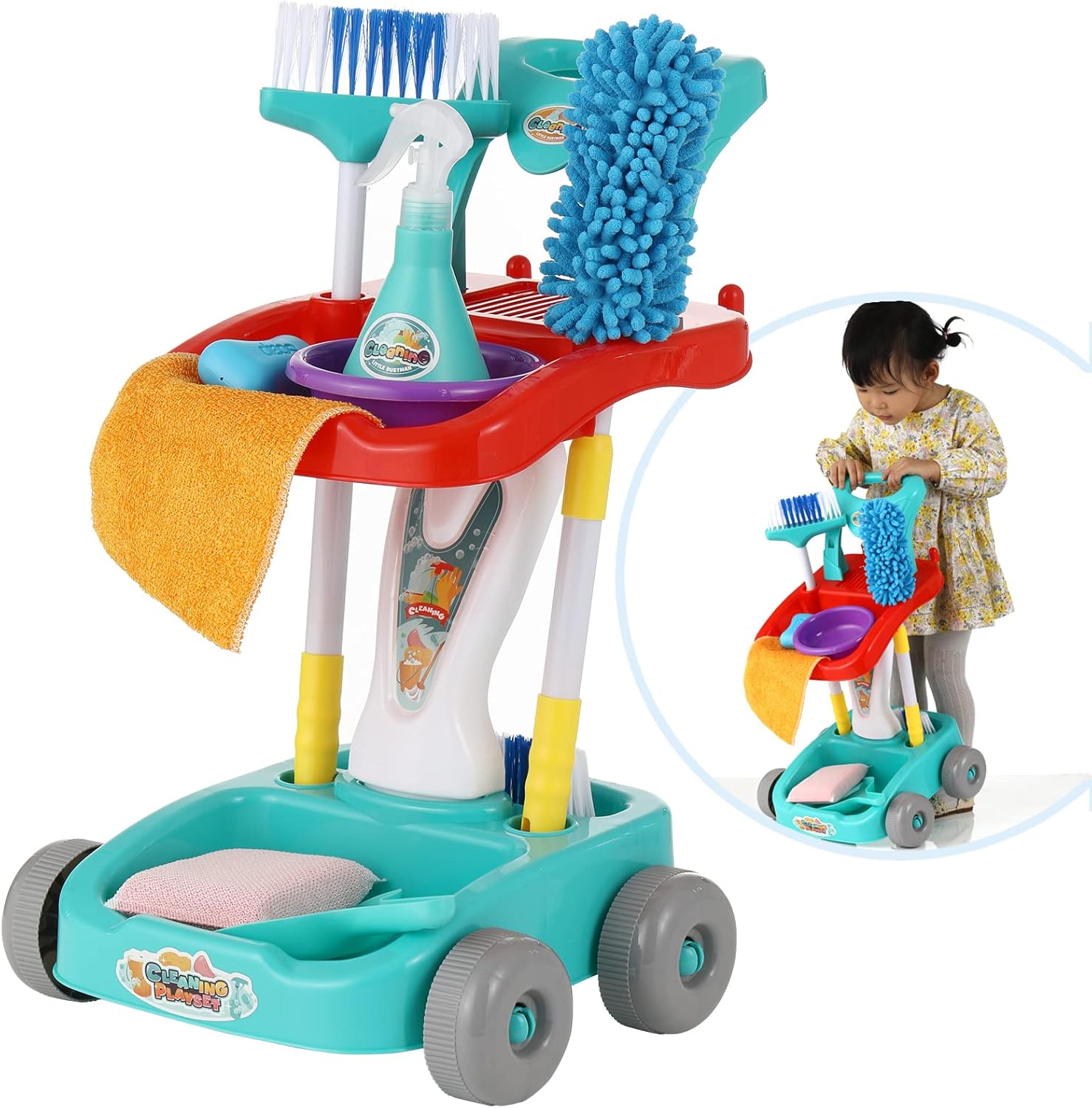 Juego de limpieza para niños pequeños, kit de suministros de limpieza para niños y niñas, completo con escoba, trapeador, bandeja para polvo, botella de spray y más 789989