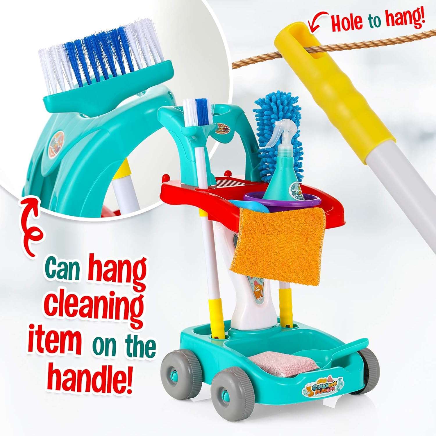 Juego de limpieza para niños pequeños, kit de suministros de limpieza para niños y niñas, completo con escoba, trapeador, bandeja para polvo, botella de spray y más 789989