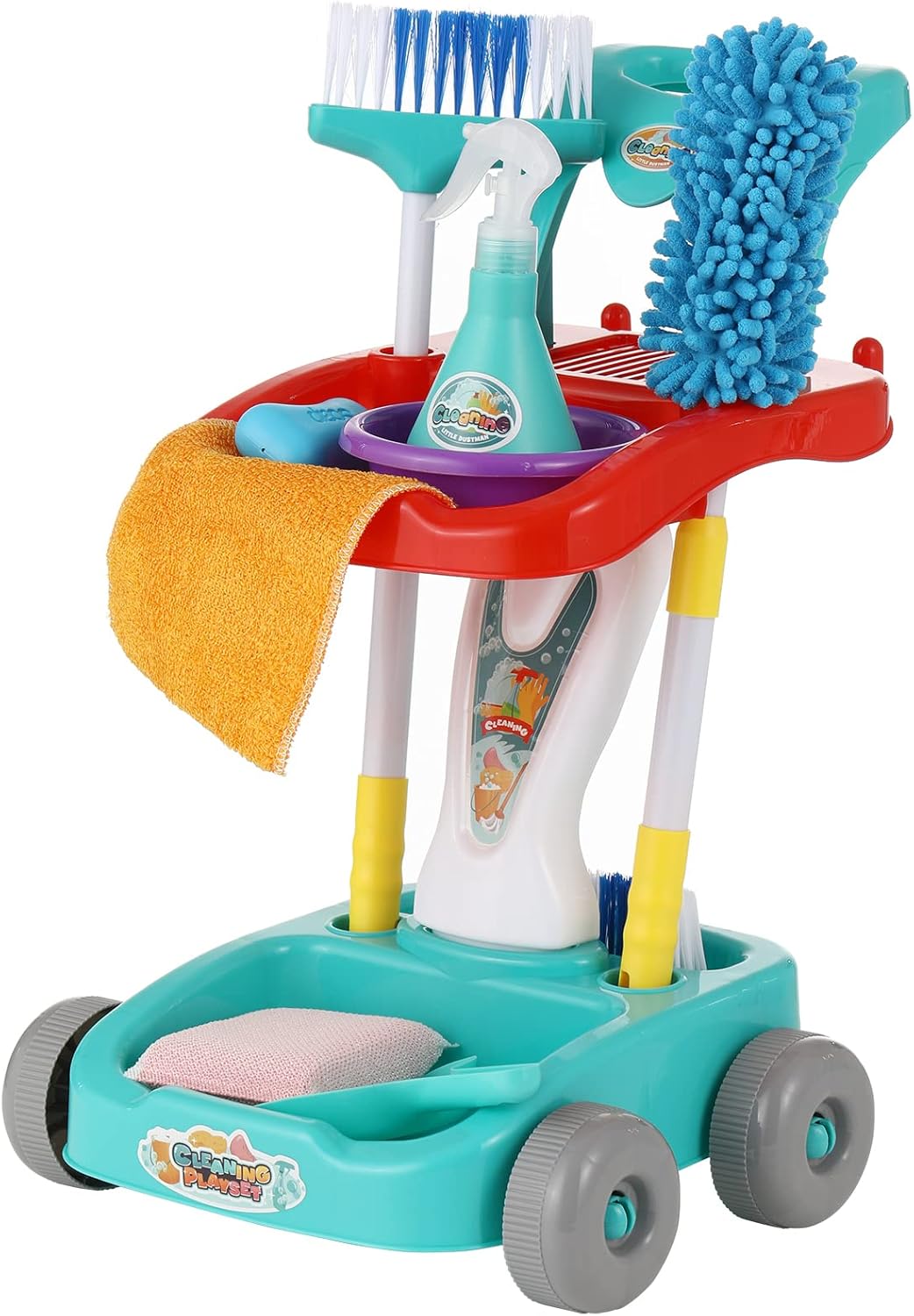 Juego de limpieza para niños pequeños, kit de suministros de limpieza para niños y niñas, completo con escoba, trapeador, bandeja para polvo, botella de spray y más 789989