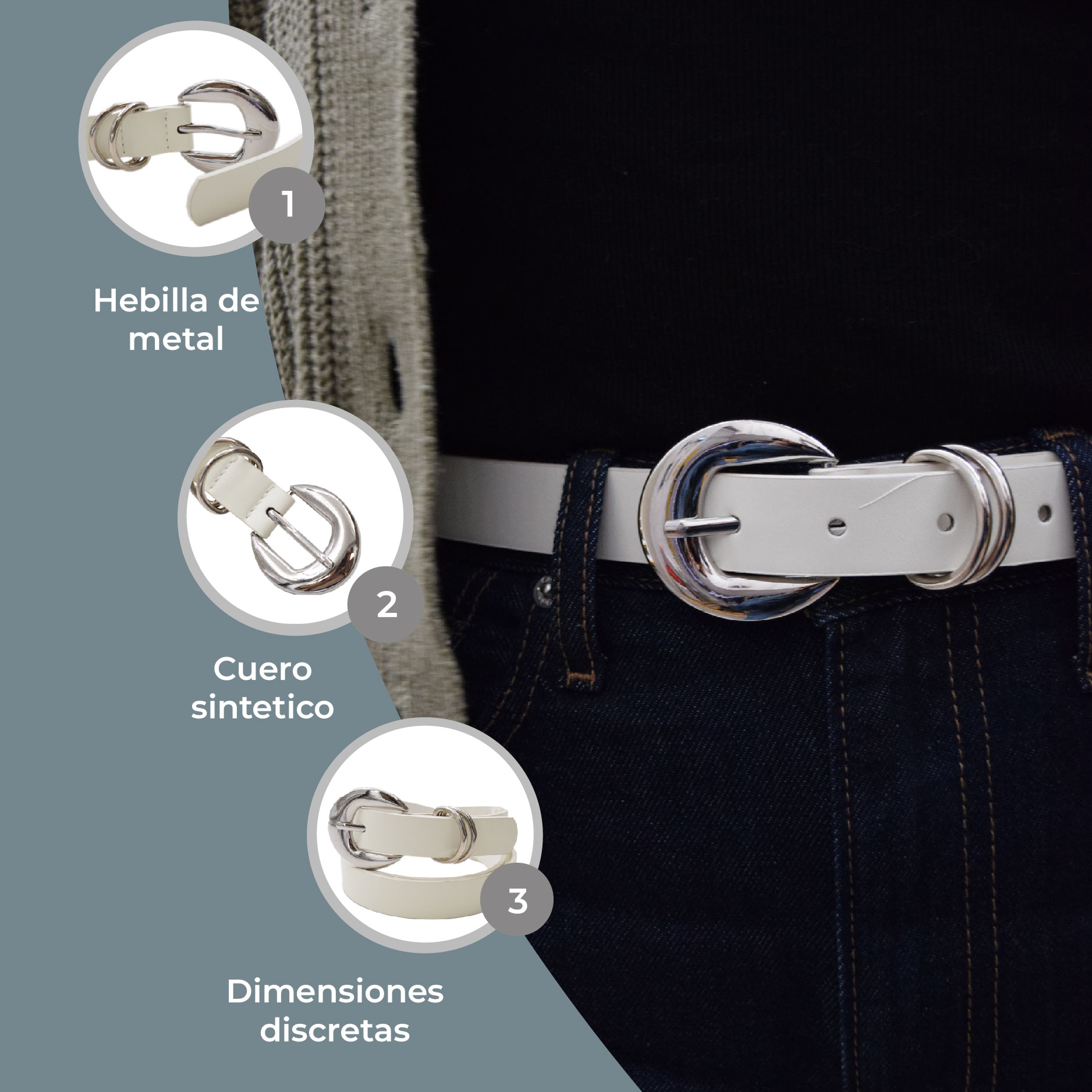 Cinturón Delgado Blanco Hebilla Plata Para Dama 