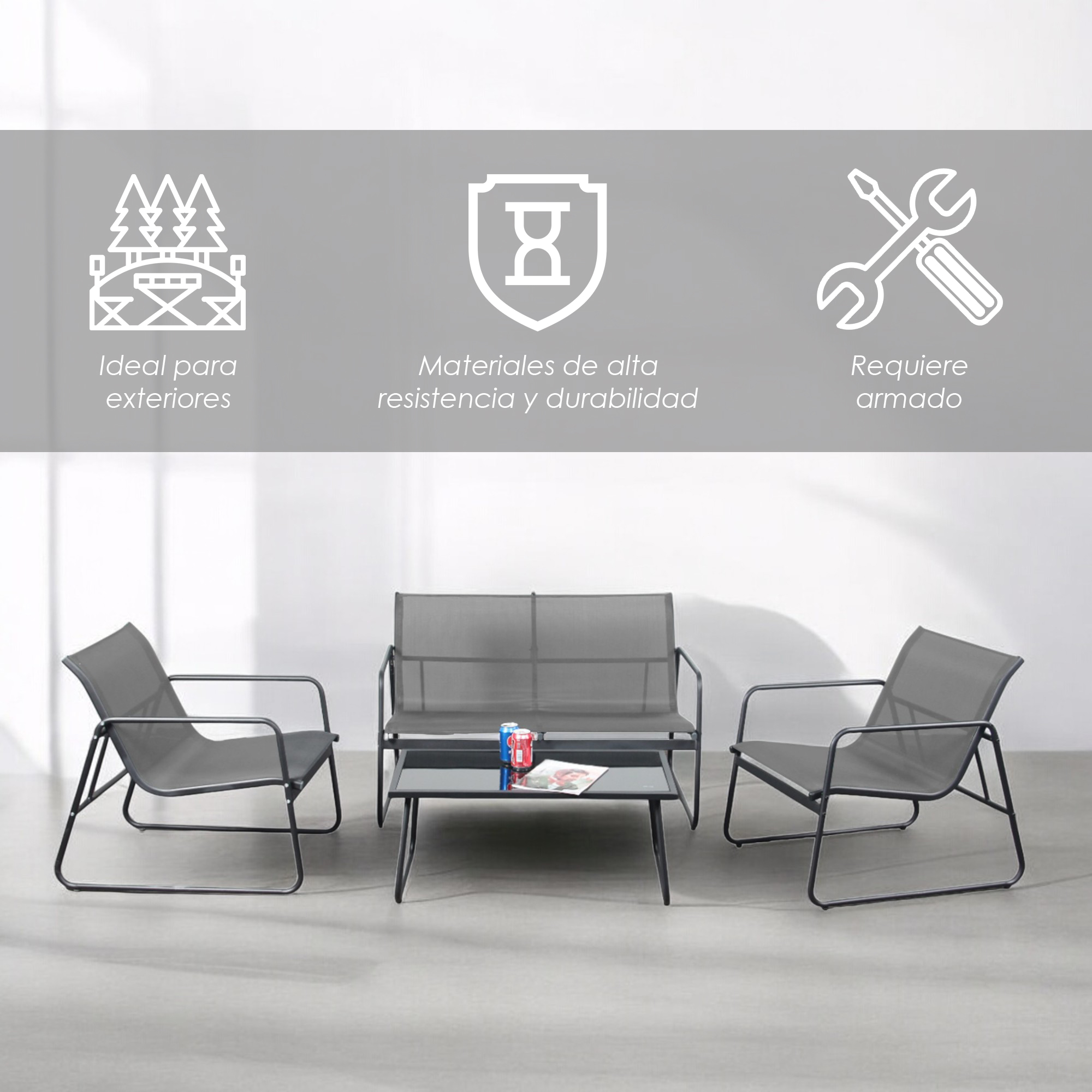 Ilios Innova | Juego de Sala para Jardín 4 Piezas Gris para Exterior