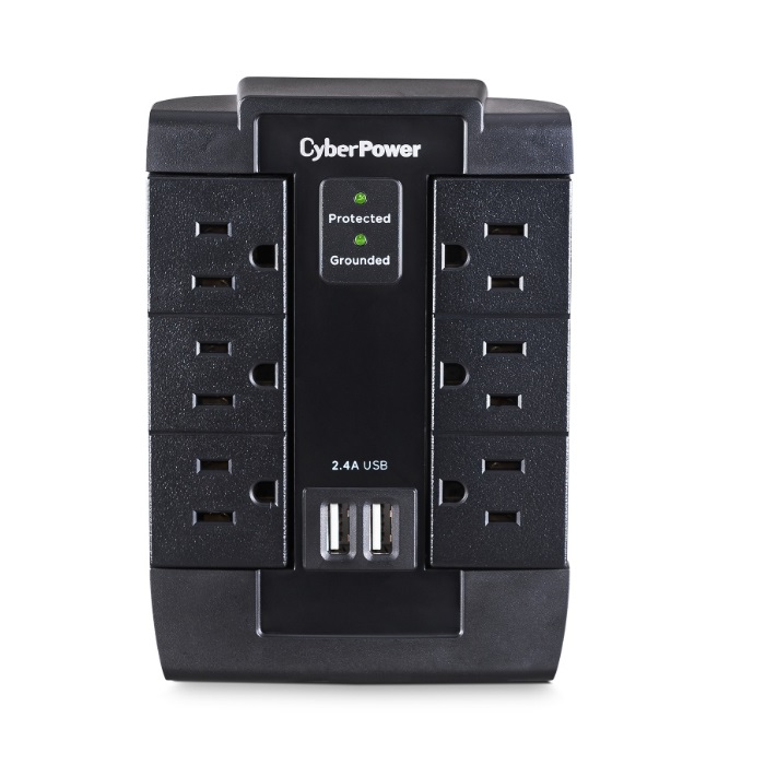 Cyberpower Supresor de Picos P600WSURC1, 6 Contactos, 2x USB, 1200 Joules. 