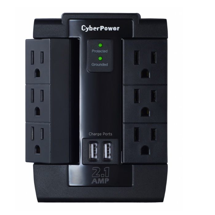 Cyberpower Supresor de Picos P600WSURC1, 6 Contactos, 2x USB, 1200 Joules. 