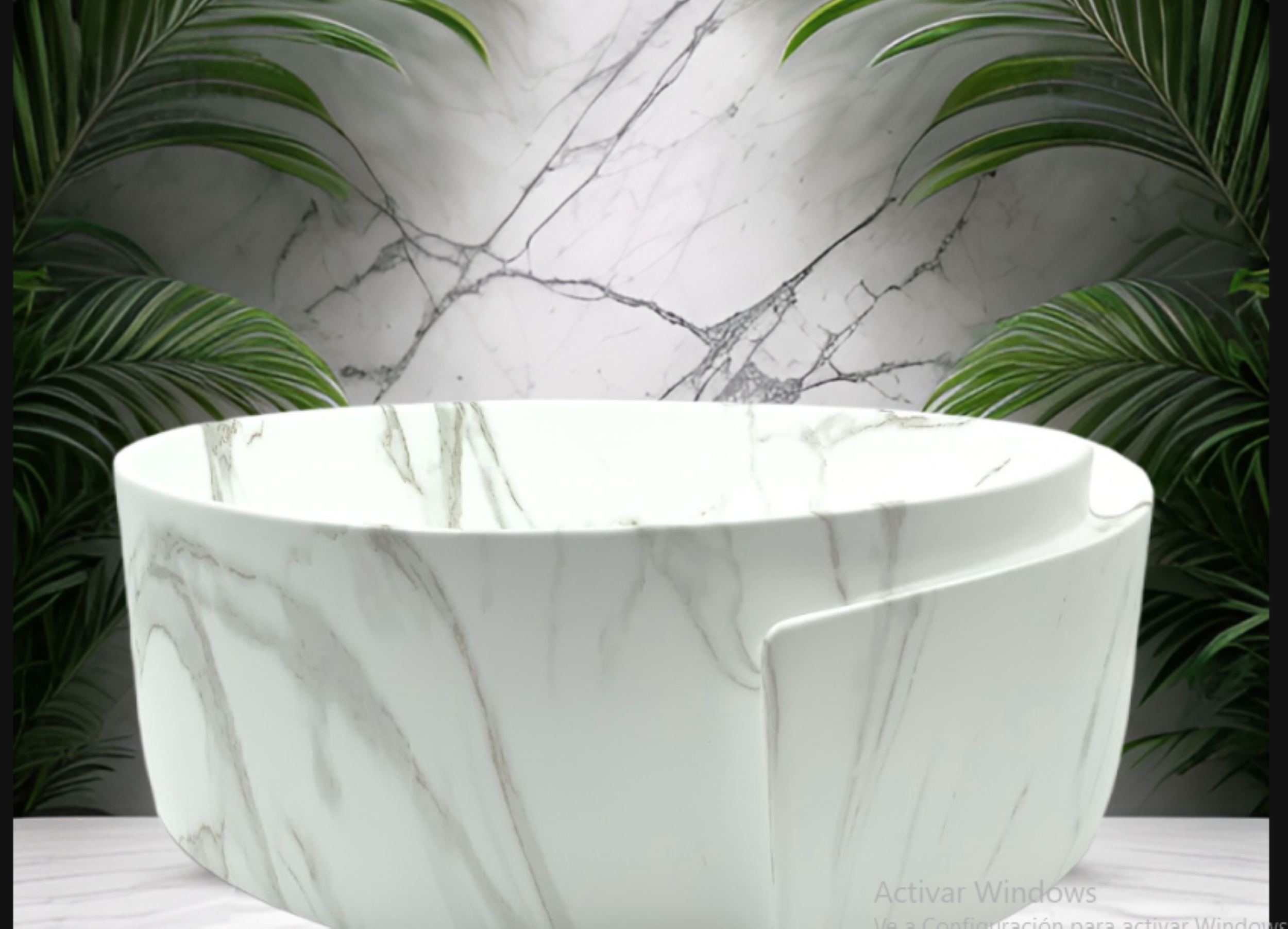 Lavabo Cerámico para Baño PAL, forma circular en color blanco marmoleado. De sobreponer, con diseño europeo ideal para todo tipo de baño. Medidas 43 x 43 x 17 cms