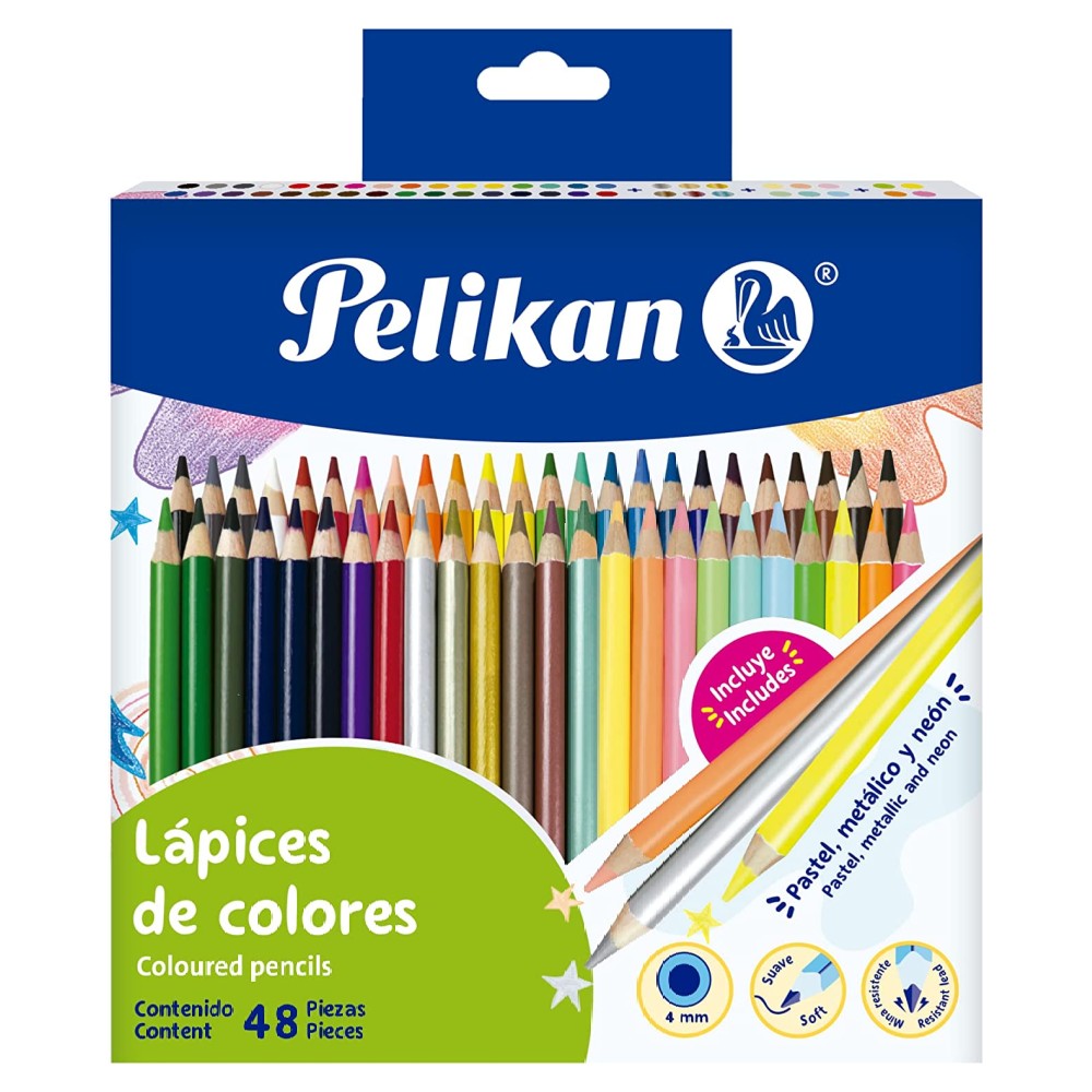 Pelikan Lápices de Colores Rendondos, Surtidos Multicolor Pastel Metálico Neon, 48 Piezas