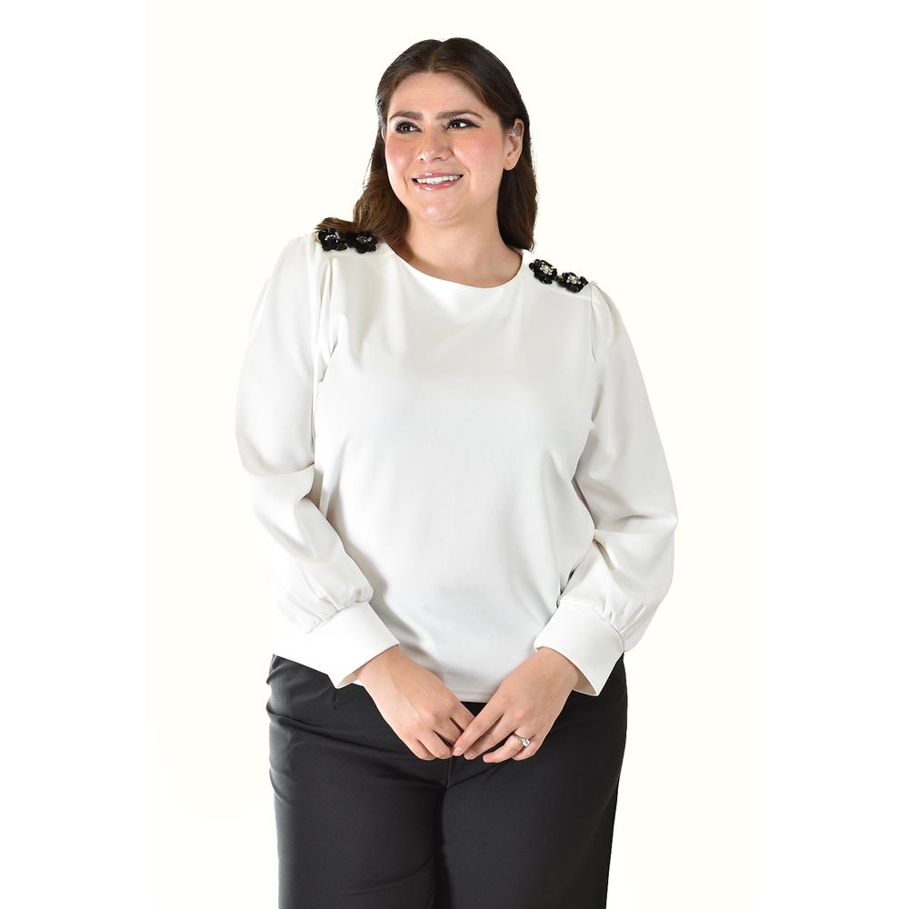 Blusa con detalle de flor en hombro Roman Fashion /Tallas Extras, 5106 (Blanco)