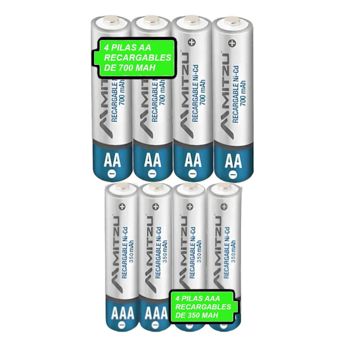 Kit 4 Pilas Baterías Recargables Mitzu AA 700 Mah + 4 AAA 350 Mah