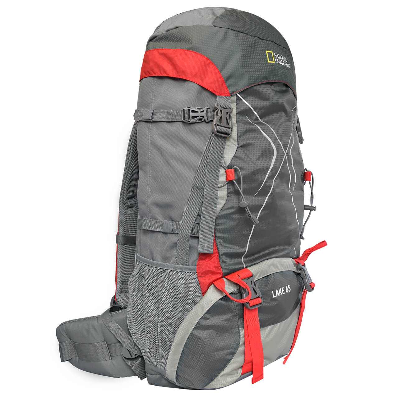 Mochila Nat Geo para alta montaña Lake 65 L con funda protectora, negro con rojo