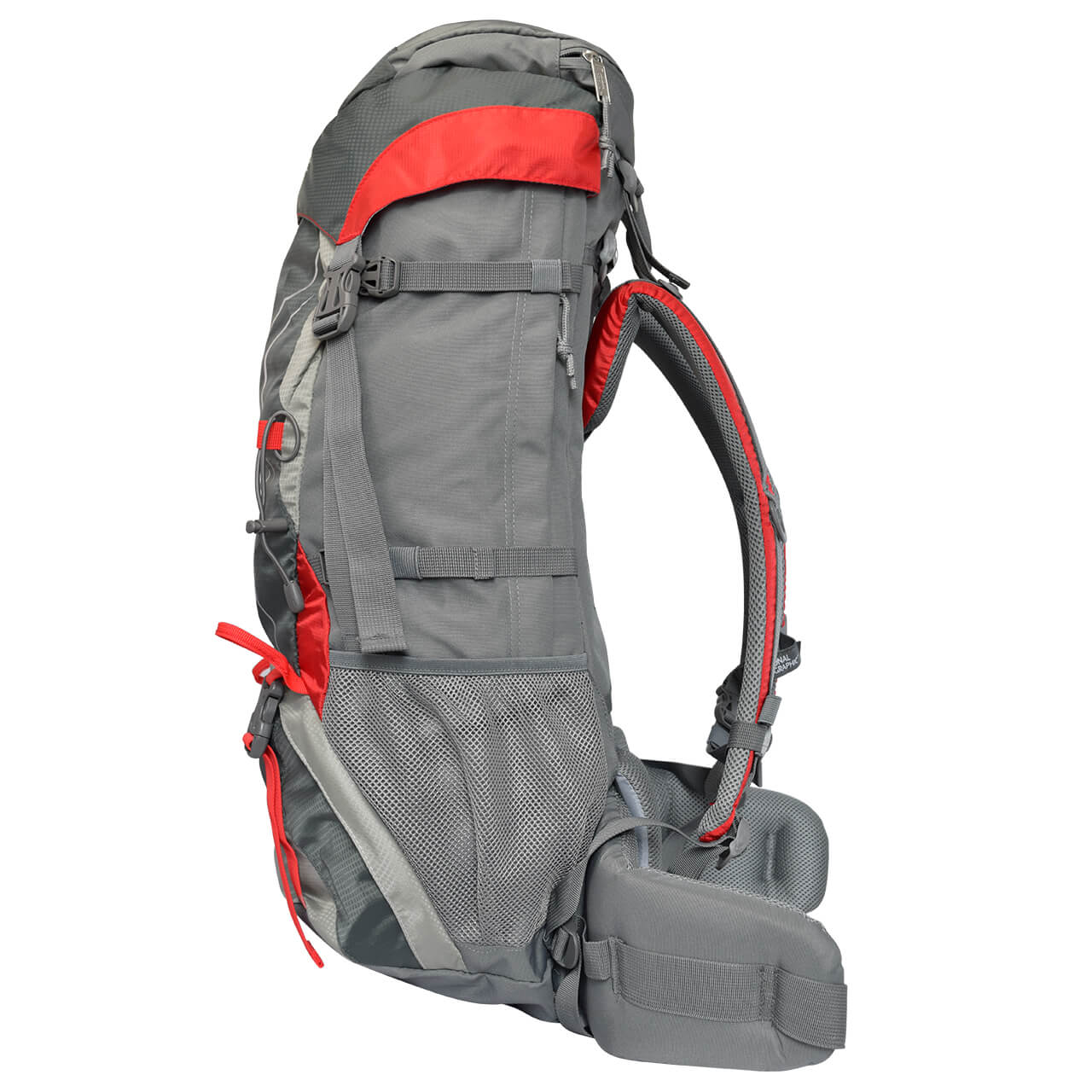 Mochila Nat Geo para alta montaña Lake 65 L con funda protectora, negro con rojo
